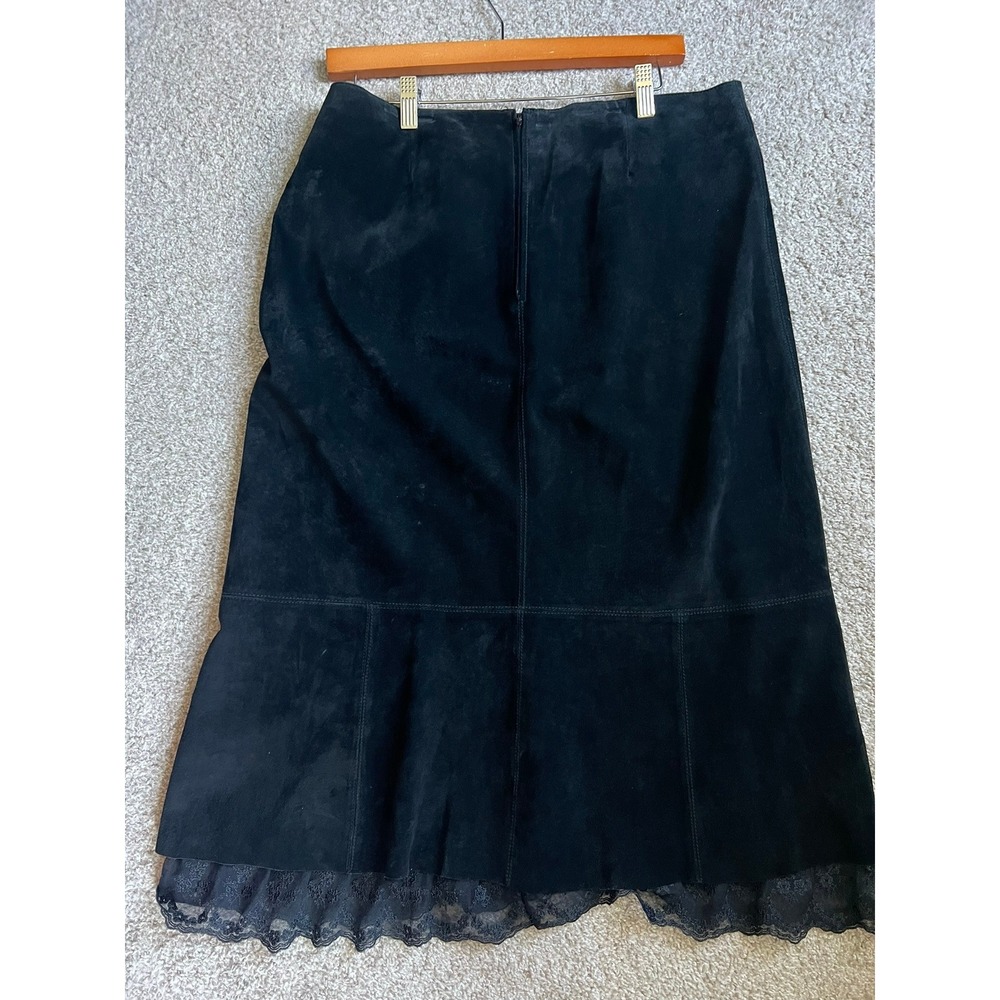 Katherine Jane Black Suede Lace Trim Midi Skirt 100% Leather Vintage Style